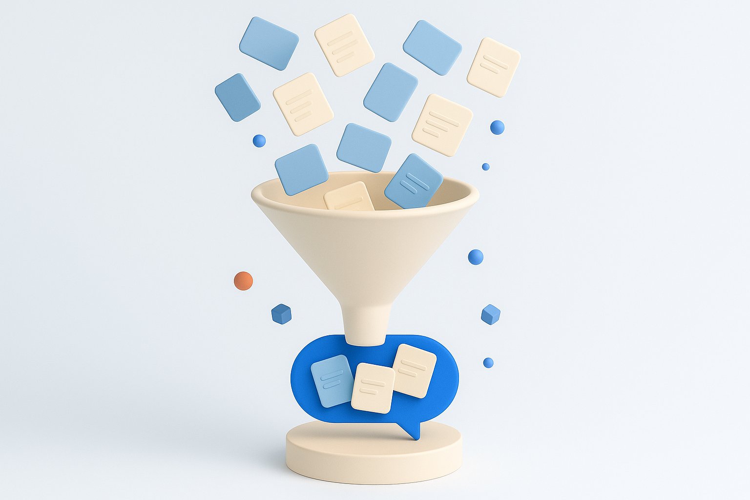 Illustration 3D d'un entonnoir qui filtre des documents avant qu'ils n'atteignent une bulle de conversation bleue