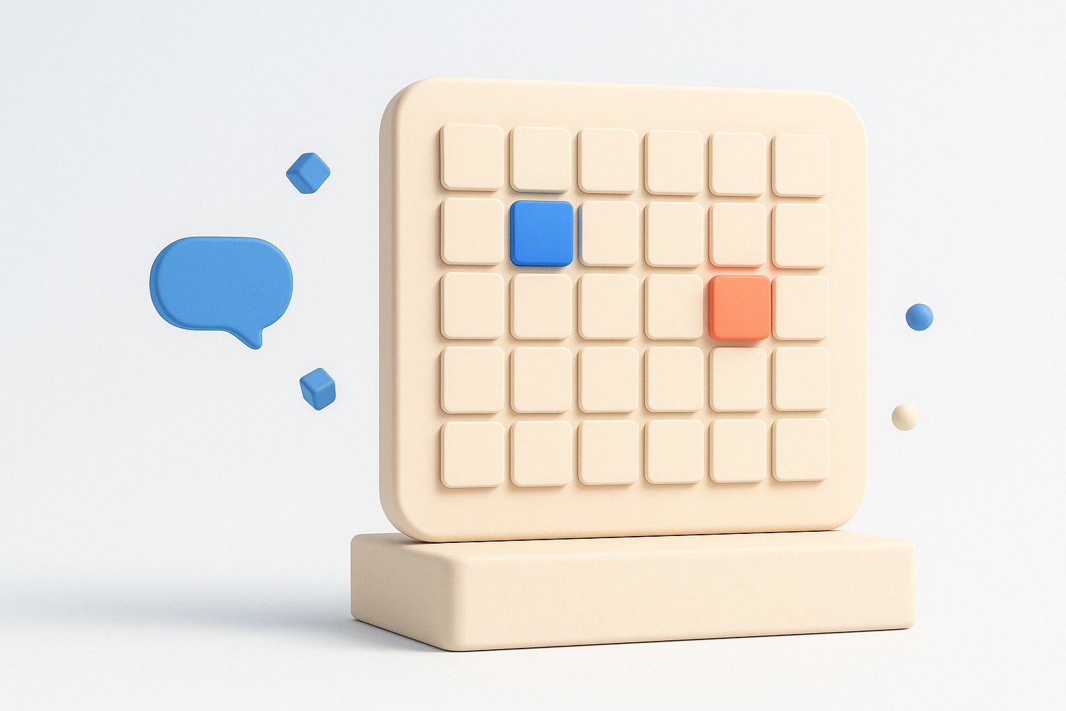 Calendrier 3D minimaliste avec deux cases mises en avant, illustration des échéances d'application du règlement européen sur l'intelligence artificielle