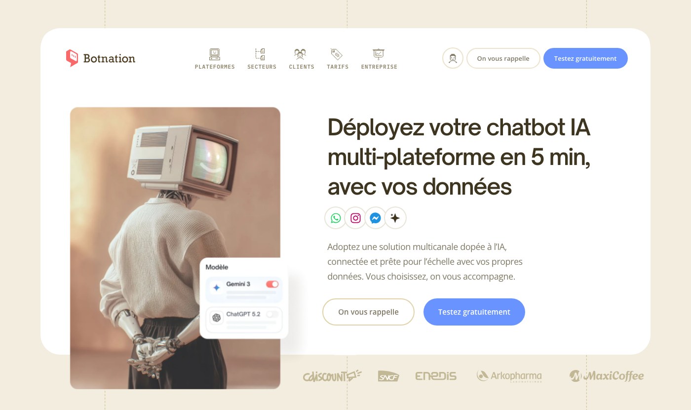Capture de la page d'accueil de la plateforme française de création de chatbot Botnation AI
