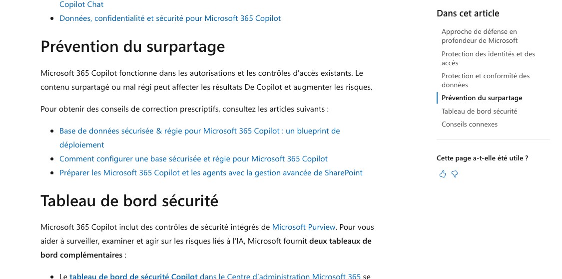 Capture de la documentation Microsoft Learn consacrée à la prévention du surpartage dans Microsoft 365 Copilot