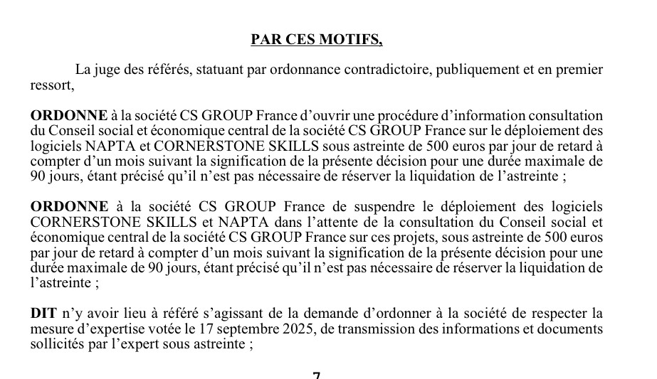 Extrait du dispositif de l'ordonnance de référé du tribunal judiciaire de Nanterre du 29 janvier 2026, ordonnant la suspension du déploiement sous astreinte