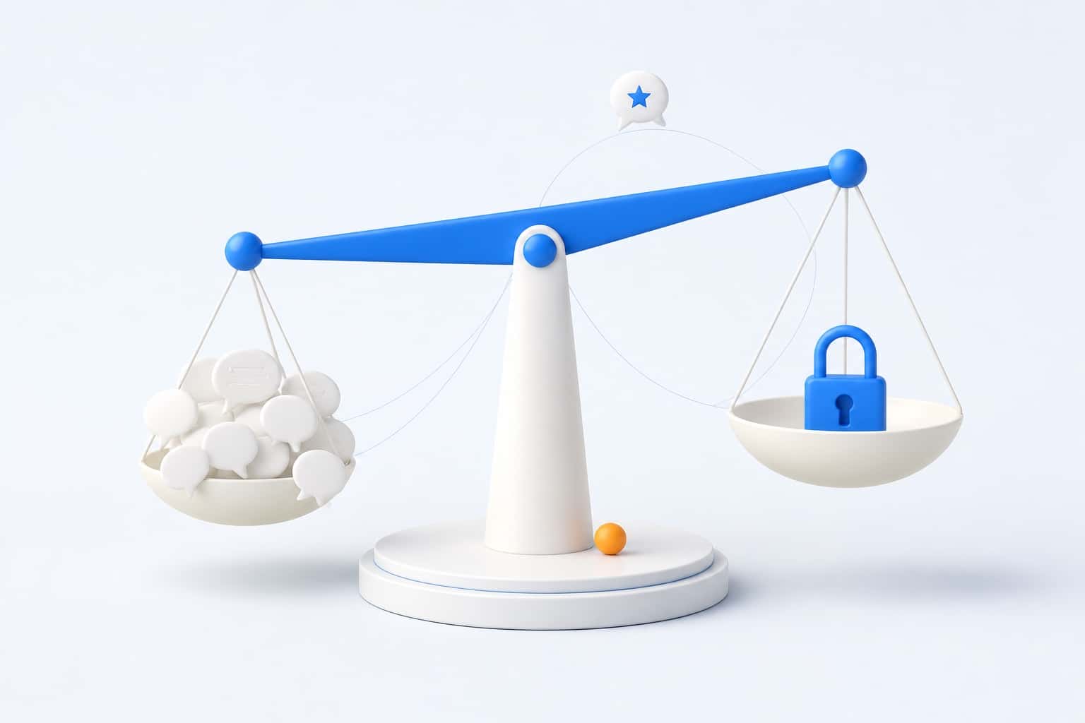 Balance de justice bleue comparant des bulles de dialogue et un cadenas, illustration 3D éditoriale