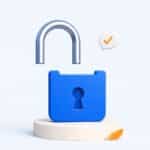 Illustration 3D d'un cadenas bleu ouvert avec une bulle de dialogue, pour l'article sur les chatbots sans censure