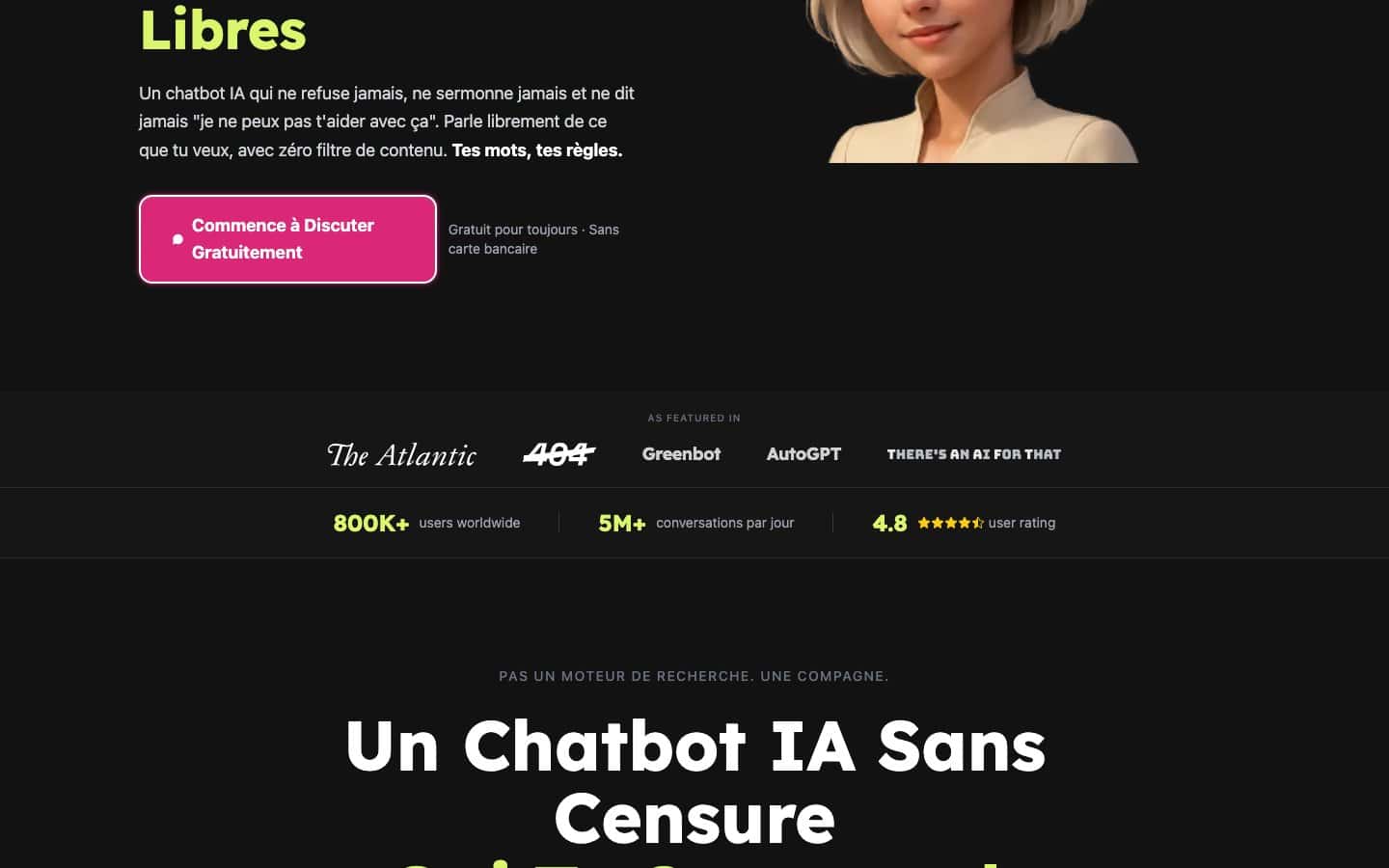 Capture de la page d’accueil de Nastia présentant sa promesse de chatbot sans censure, le 18 août 2026