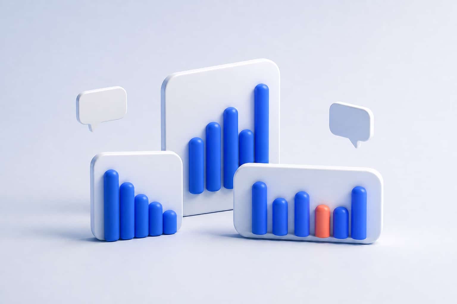 Illustration 3D de tableaux de bord avec barres bleues et une barre corail, symbole du suivi des résolutions automatisées