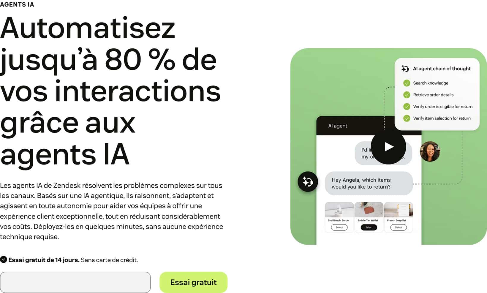 Page produit Zendesk AI agents : automatisation annoncée de jusqu’à 80 % des interactions, capture du 31 août 2026