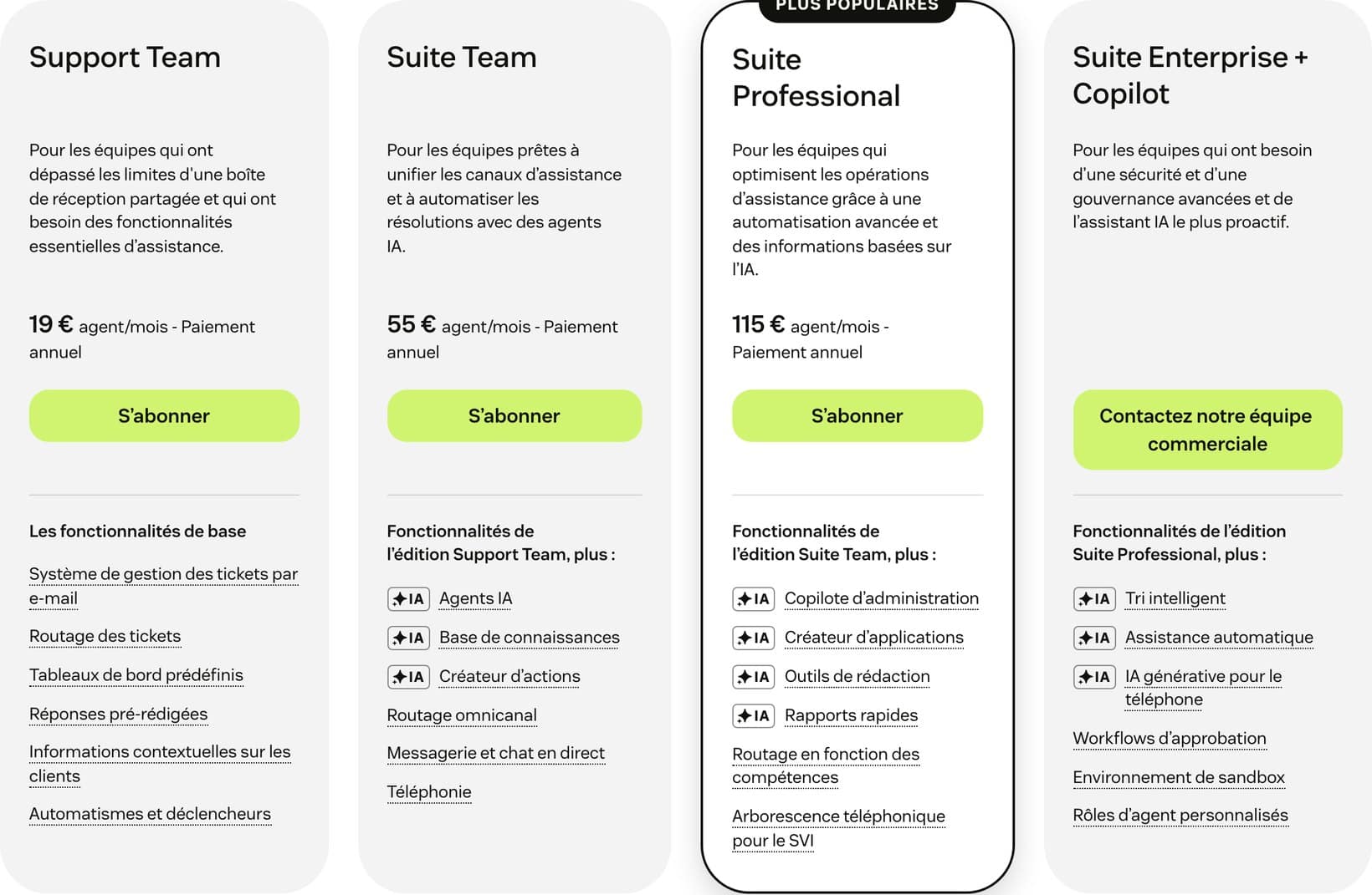 Grille tarifaire Zendesk du 31 août 2026 : Support Team à 19 €, Suite Team à 55 €, Suite Professional à 115 € par agent et par mois, Suite Enterprise sur devis