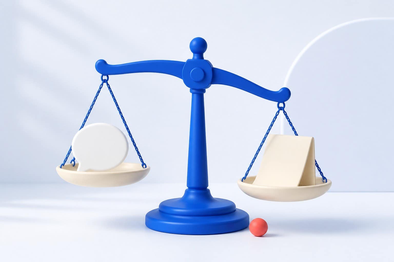 Illustration 3D d'une balance de justice bleue : un plateau porte une bulle de chat, l'autre un document juridique