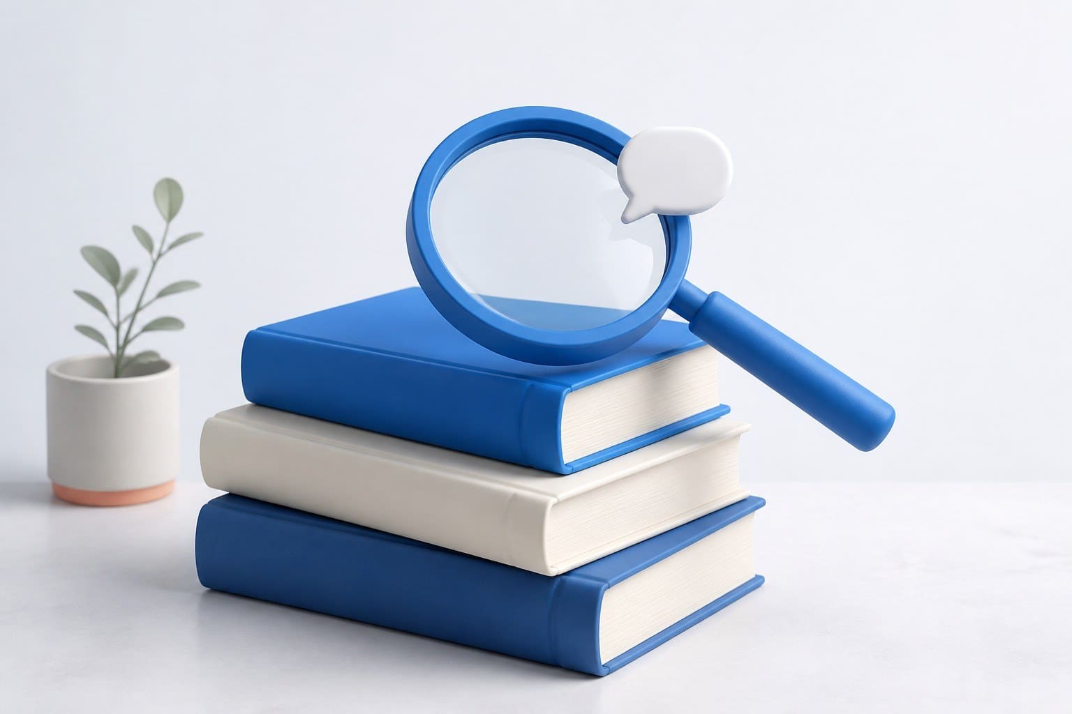Illustration 3D d'une loupe bleue sur des livres de droit, une petite bulle de dialogue dans la lentille