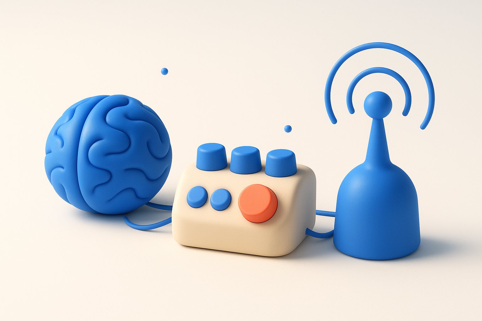 Trois objets 3D reliés par des câbles représentant les trois familles d’API de chatbot : le modèle, la plateforme et le canal