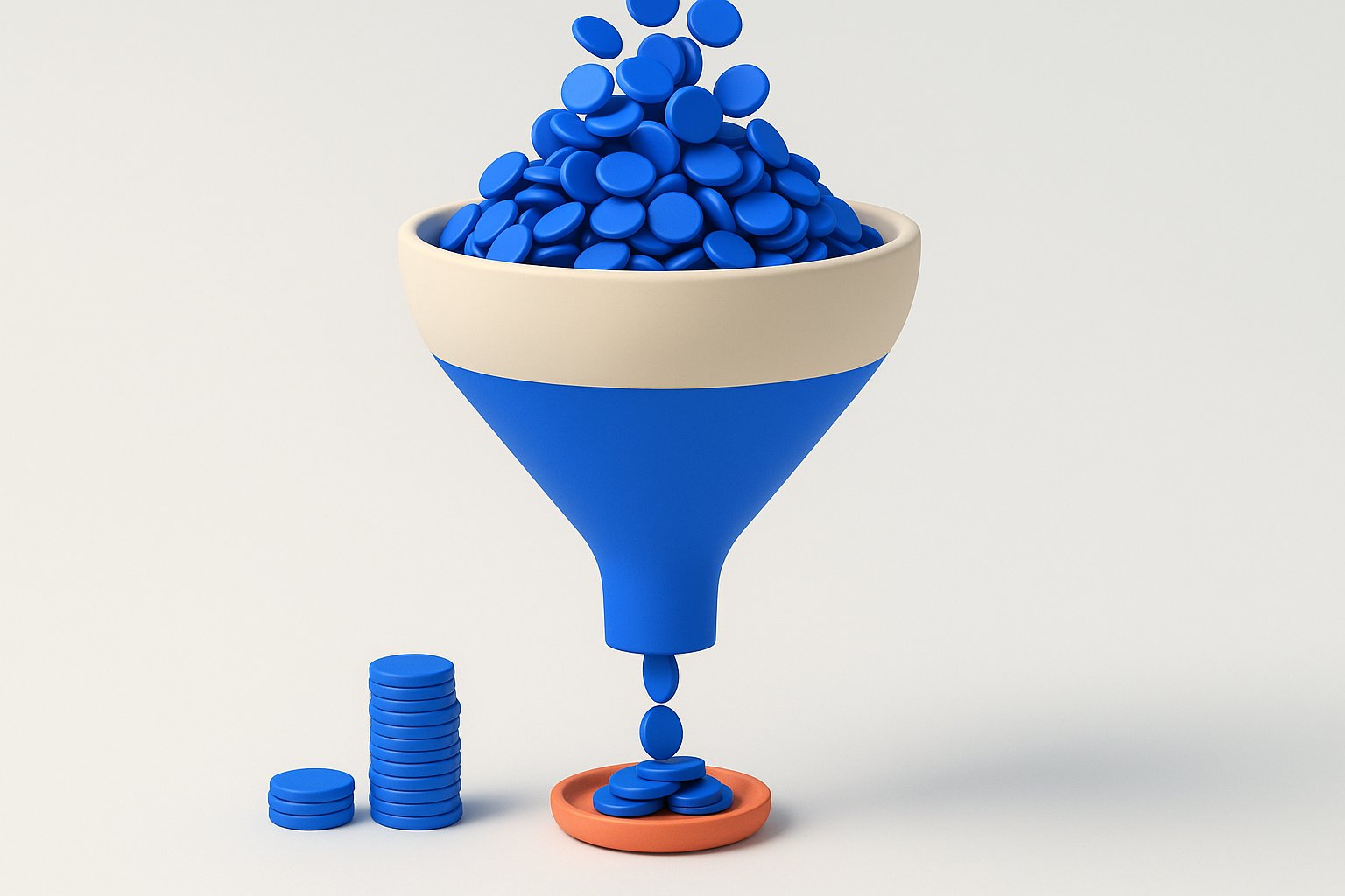 Entonnoir 3D dans lequel s’engouffrent des jetons bleus, illustrant la consommation de tokens d’une conversation