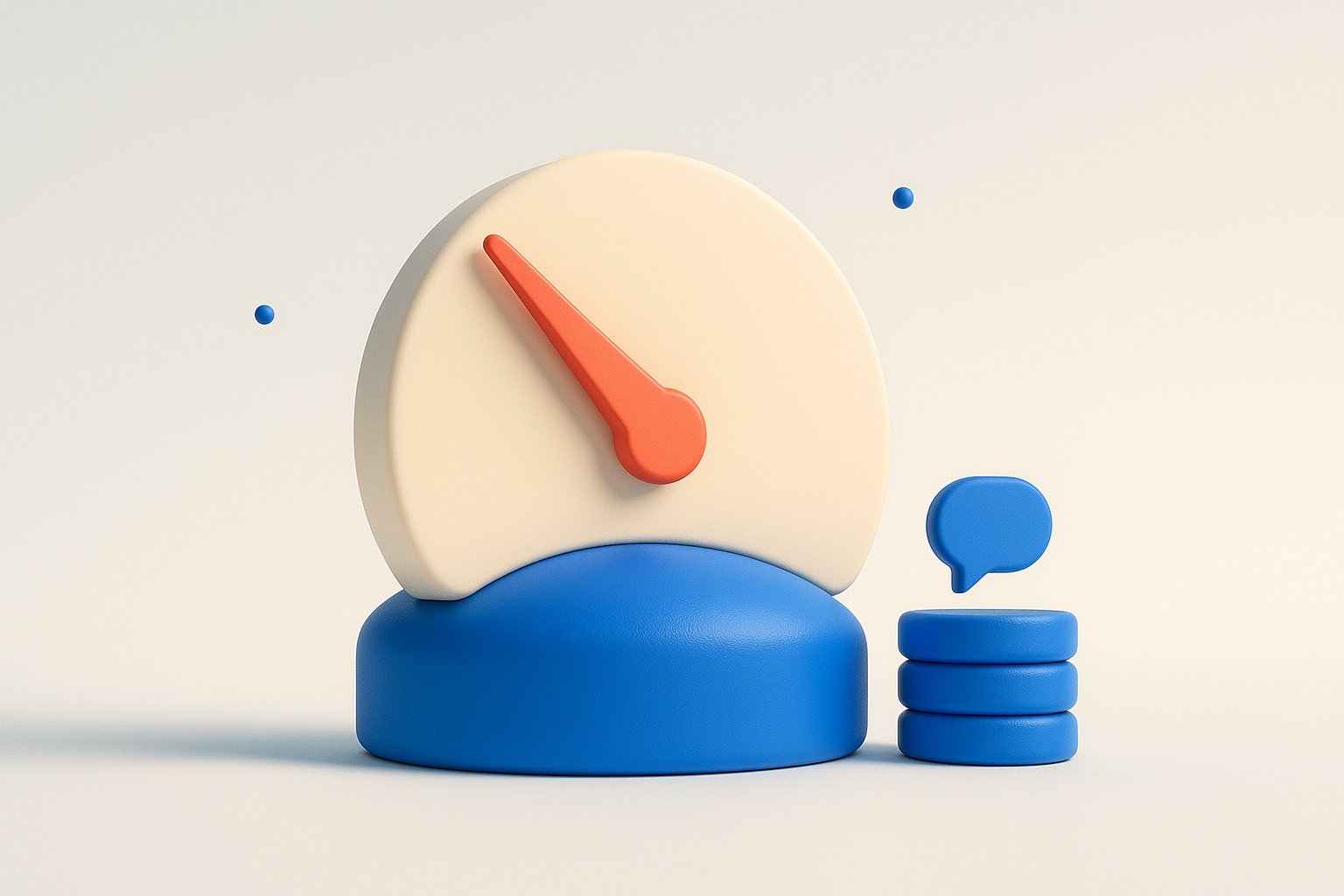 Cadran 3D avec une aiguille corail et une pile de jetons, symbolisant l’estimation du coût d’une API de chatbot