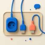 Trois connecteurs 3D de tailles differentes poses autour d une prise bleue, vue du dessus, illustrant les API de chatbot