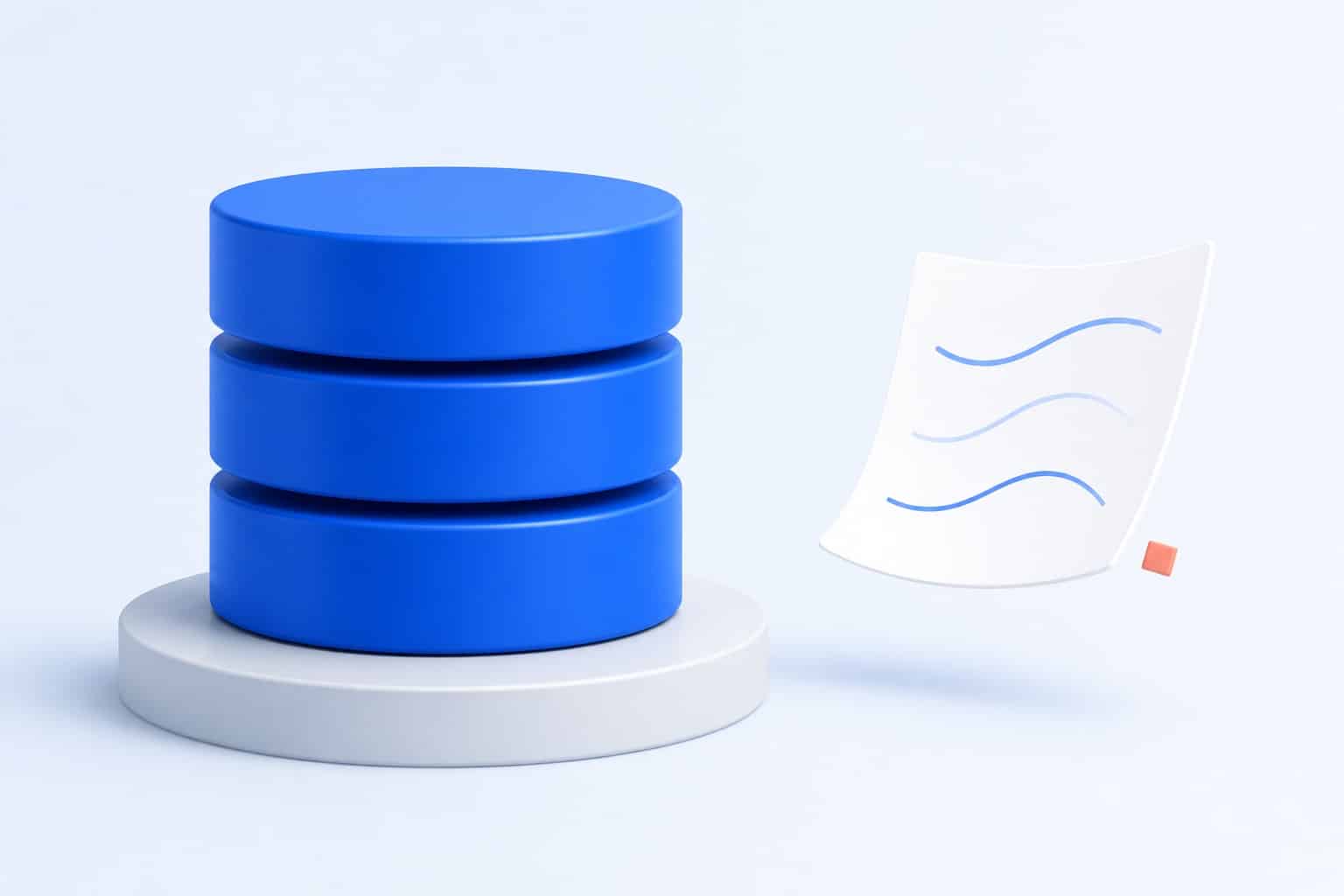 Base de données locale en forme de disques bleus empilés avec un rapport d'analyse flottant, illustration 3D éditoriale