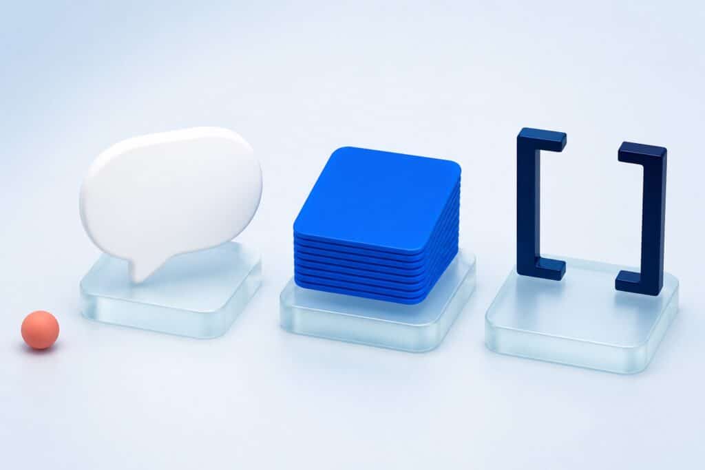 Trois objets 3D abstraits sur des socles : bulle de dialogue blanche, pile de feuilles bleue et cadre bleu nuit, illustrant les modes Chat, Work et Codex de ChatGPT