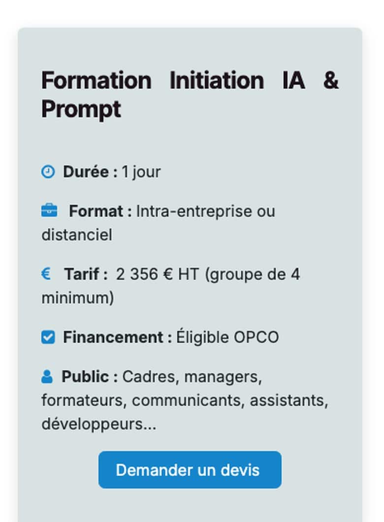 Fiche de la formation d’initiation à l’IA et aux chatbots d’Hexotech : une journée, 2 356 euros HT, éligible OPCO
