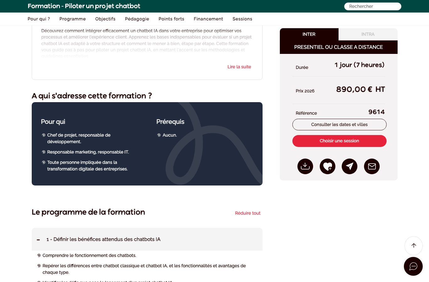 Fiche de formation Cegos : piloter un projet chatbot, 1 jour, 890 euros HT