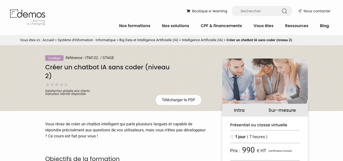 Fiche de formation Demos : créer un chatbot IA sans coder, niveau 2, une journée à 990 euros HT