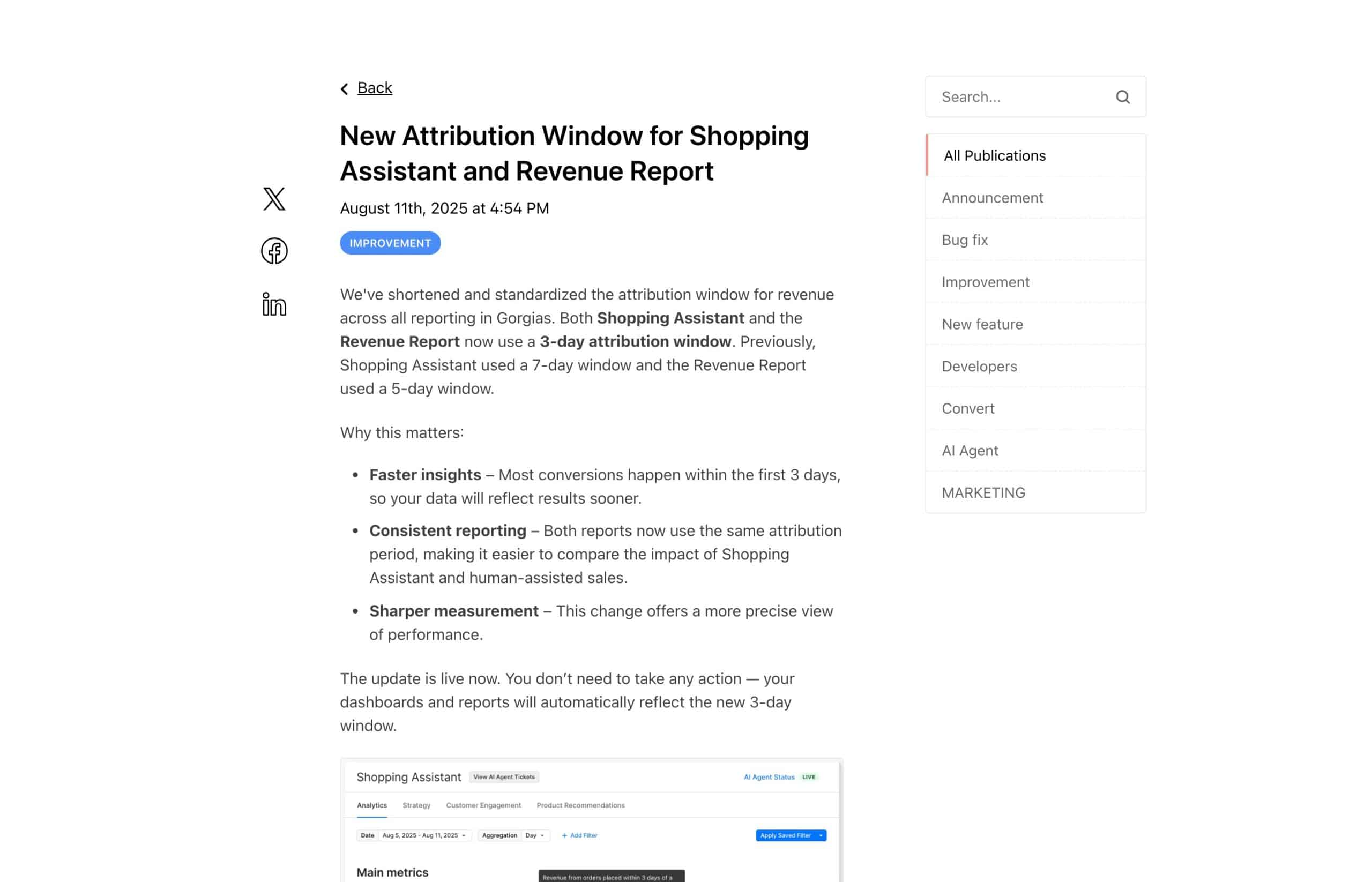 Capture du changelog Gorgias annonçant une fenêtre d attribution de 3 jours, daté du 11 août 2025