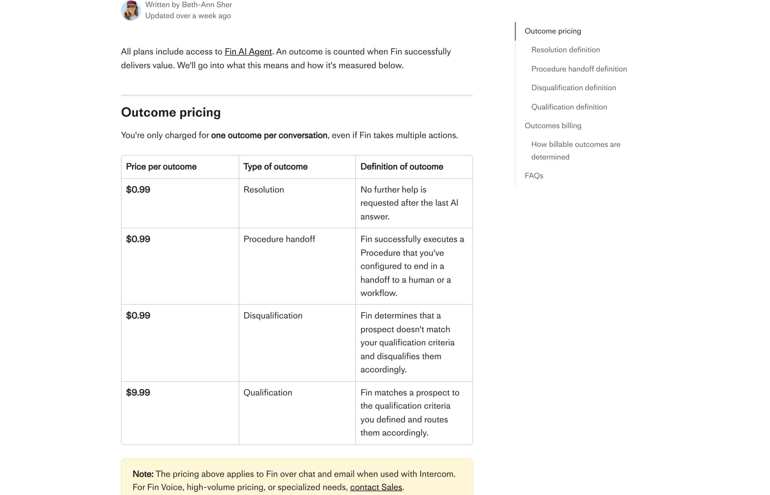 Capture de l aide Intercom : tableau des tarifs par résultat de Fin, dont 9,99 dollars la qualification
