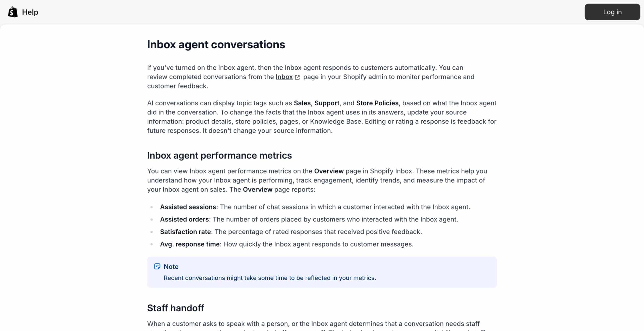 Capture de l aide Shopify définissant les commandes assistées de l agent Inbox