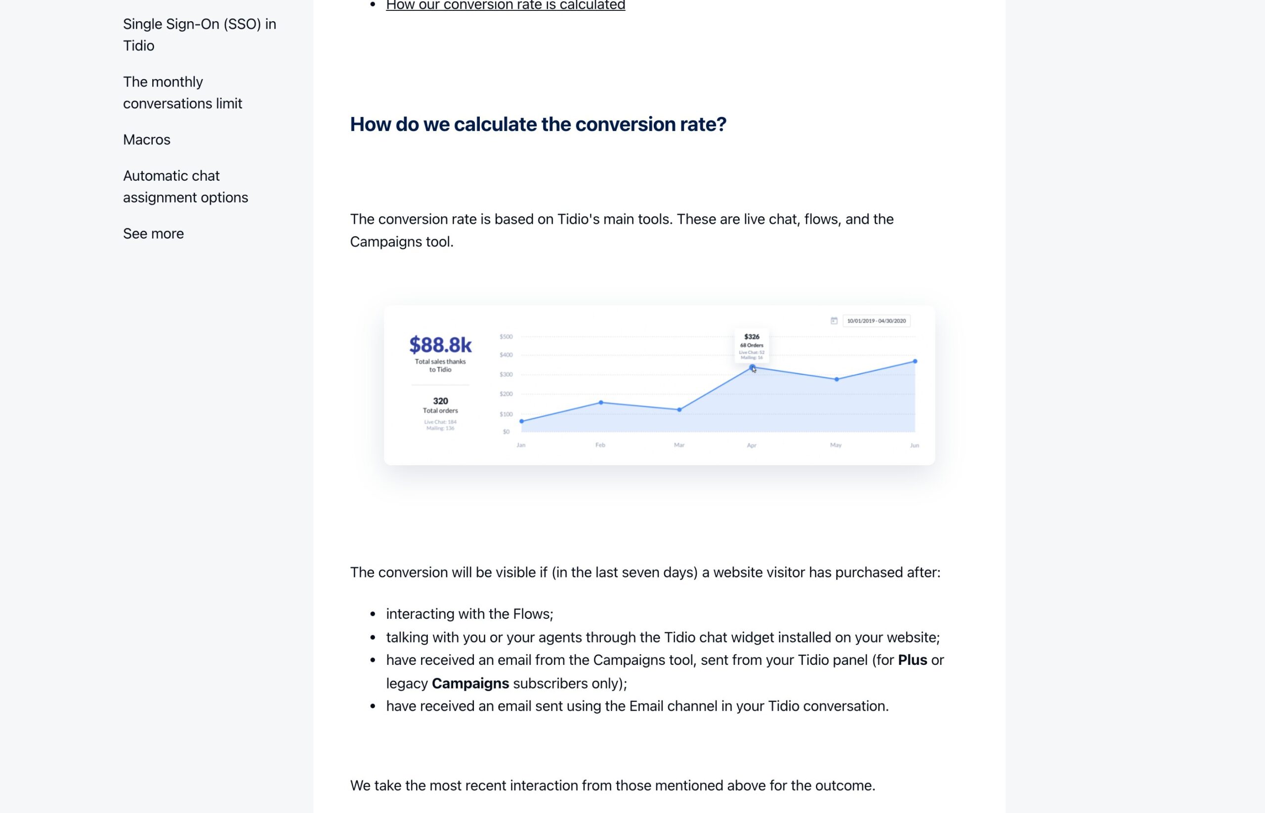 Capture de l aide Tidio expliquant que la conversion est comptée dans les sept derniers jours