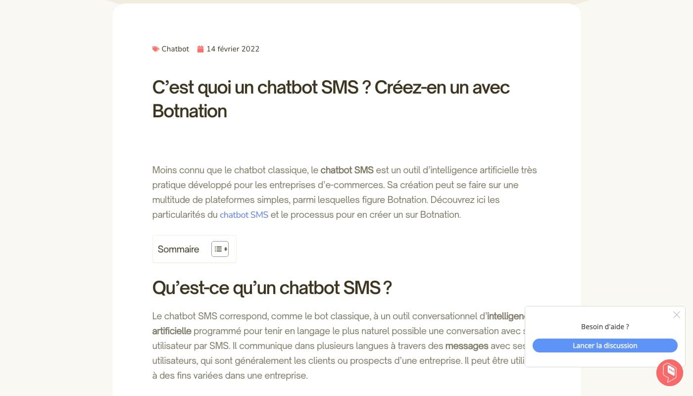 Page de Botnation AI dédiée au chatbot SMS : création guidée et cas d’usage