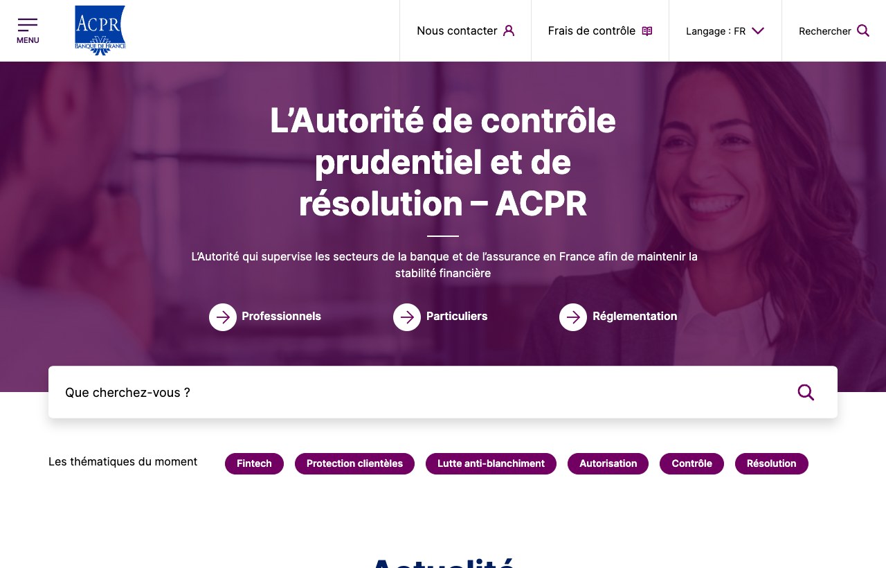 Page d'accueil de l'ACPR, autorité de supervision des banques et des assurances en France
