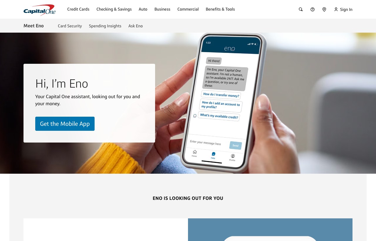 Eno, l'assistant conversationnel de la banque américaine Capital One, présenté sur sa page officielle