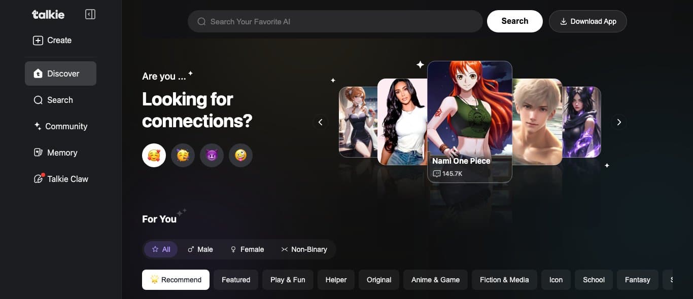 Interface de Talkie avec ses personnages communautaires et le module Memory dans le menu de gauche, capture du 1er septembre 2026