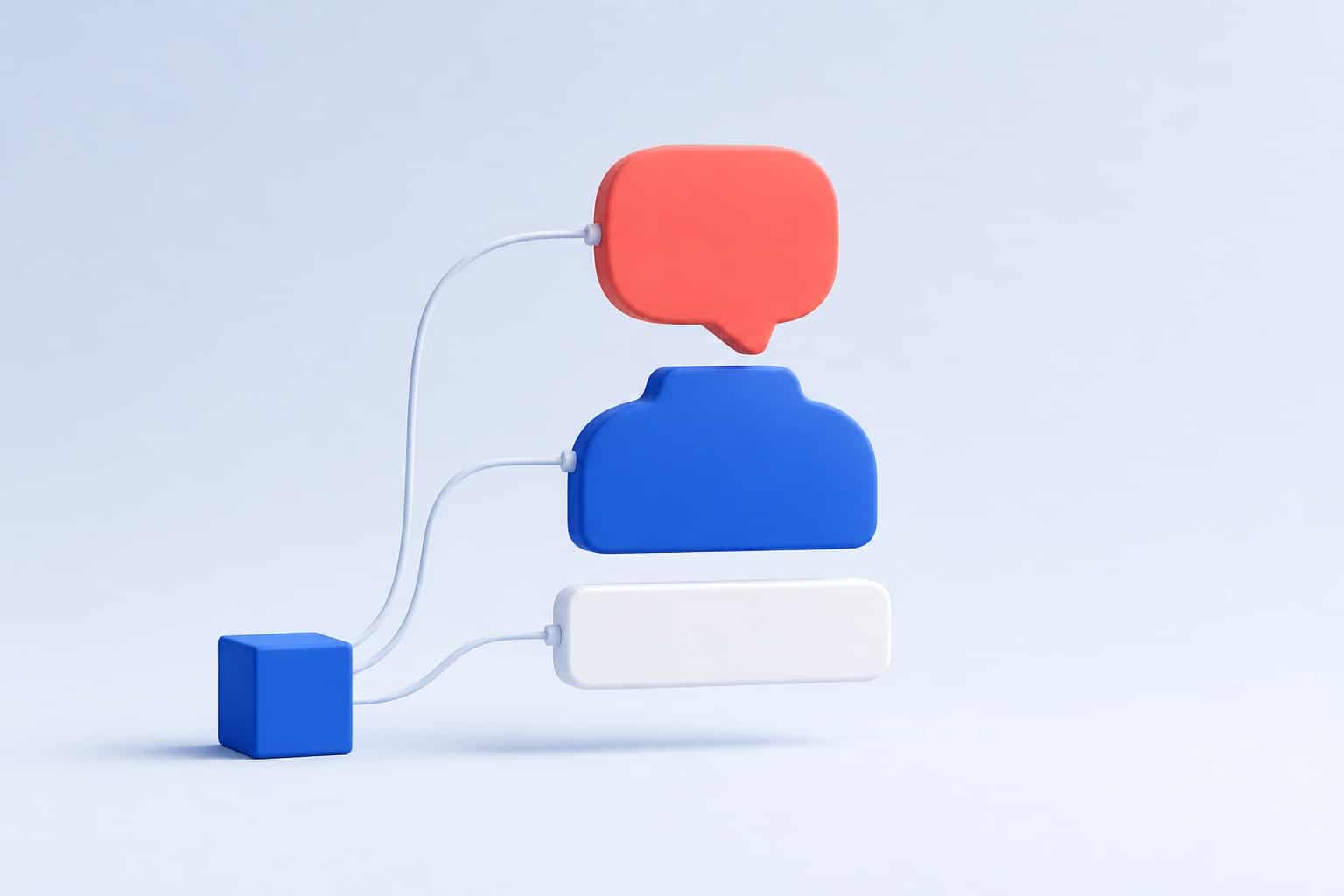 Illustration 3D : une bulle de dialogue corail, un corps bleu et une fiche blanche assemblés en personnage, reliés à un cube bleu