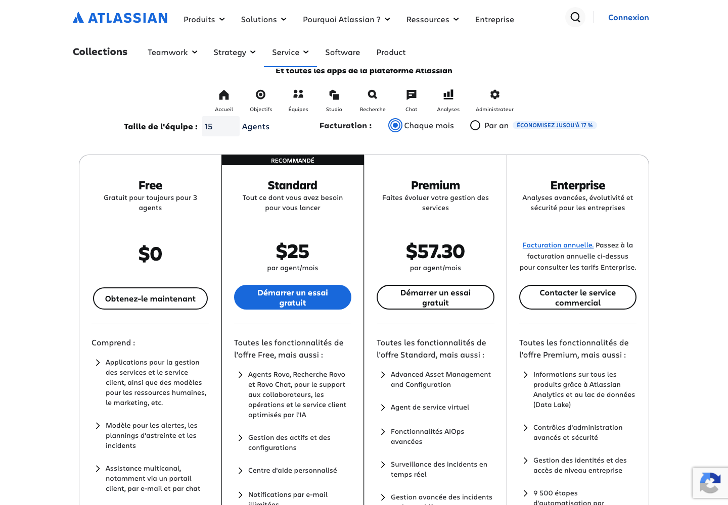 Grille tarifaire de Jira Service Management avec le champ taille de l'équipe réglé sur 15 agents : plans Standard à 25 dollars et Premium à 57,30 dollars par agent et par mois