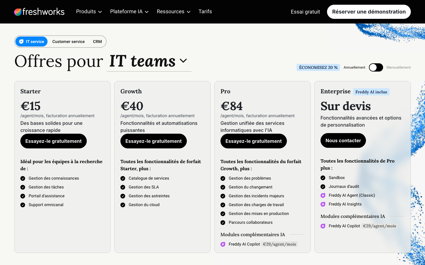 Grille tarifaire officielle de Freshservice relevée le 10 septembre 2026 : plans Starter à 15 €, Growth à 40 € et Pro à 84 € par agent et par mois