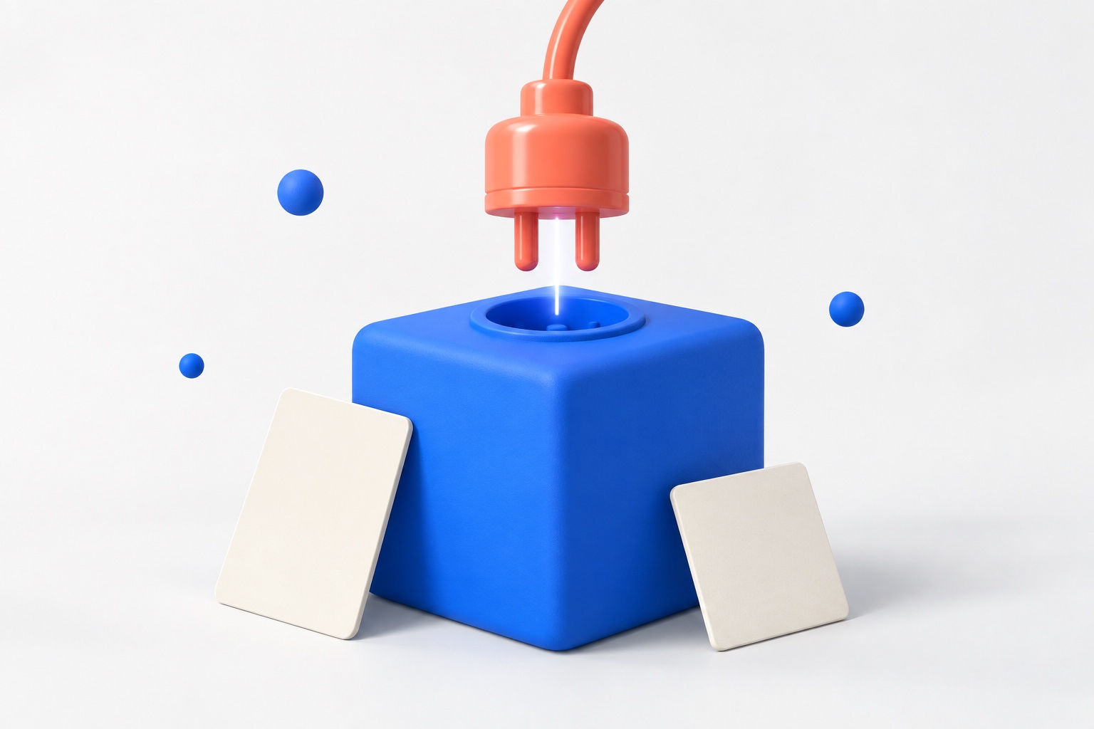 Illustration 3D d'un connecteur corail sur le point de se brancher sur un socle bleu : le principe du chatbot IA greffé sur un ITSM existant