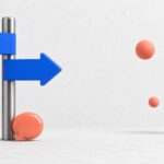 Illustration 3D éditoriale : panneau à deux flèches bleues indiquant des directions opposées, bulle de chat corail au pied, alternative Freshservice chatbot