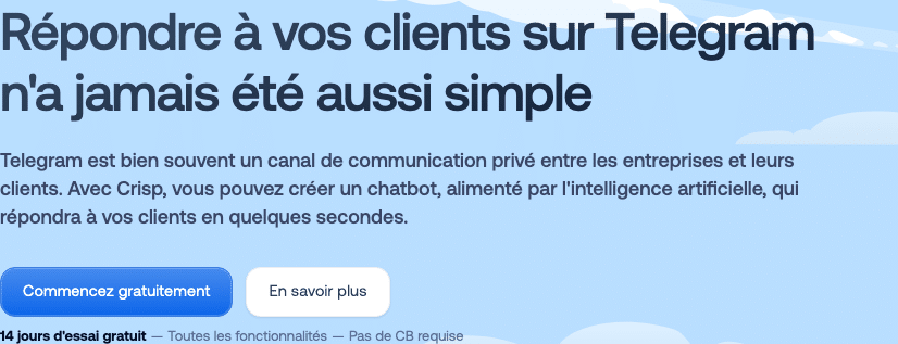 Page Telegram de Crisp : essai gratuit de 14 jours sans carte bancaire, releve du 23 septembre 2026