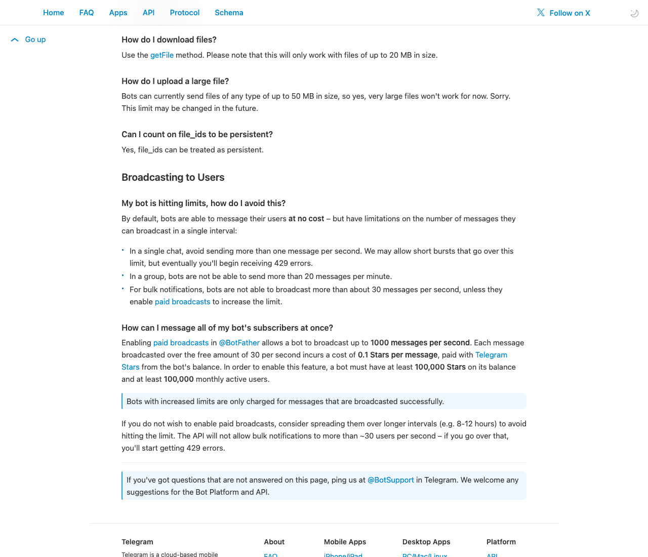 Documentation officielle Telegram : limites d'envoi des bots, releve du 23 septembre 2026