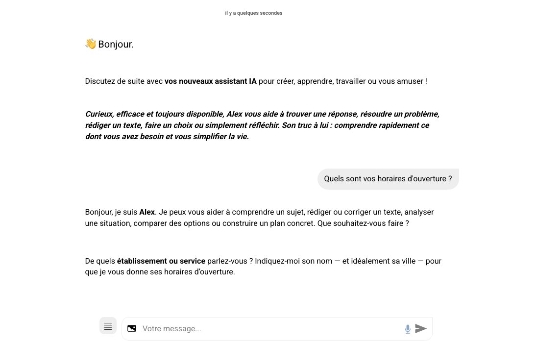 Capture d’une interface de chatbot en ligne : accueil cadré, bulles attribuées, question de clarification et champ de saisie unique
