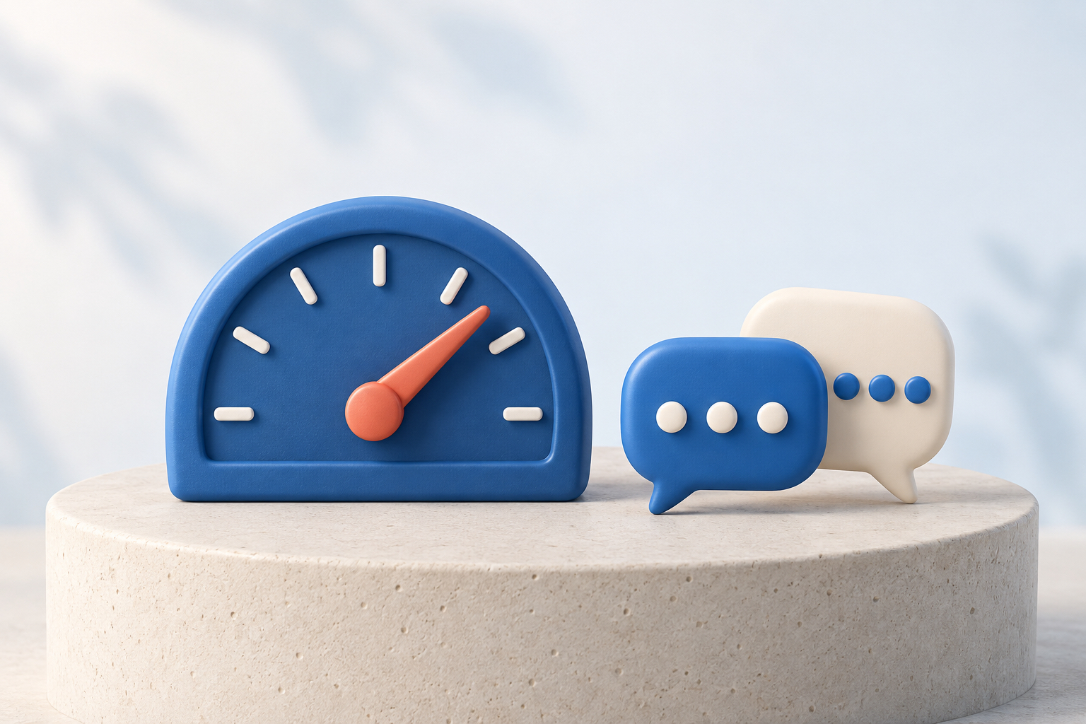 Jauge de mesure d’un chatbot design, aiguille corail, et deux bulles de conversation posées sur un socle de béton clair
