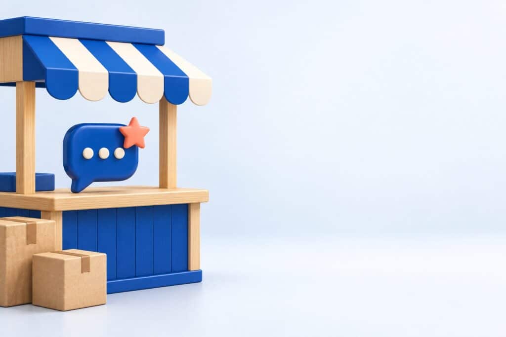 Illustration 3D d’une boutique en ligne avec auvent bleu et une bulle de chat posée sur le comptoir, symbole d’un chatbot PrestaShop