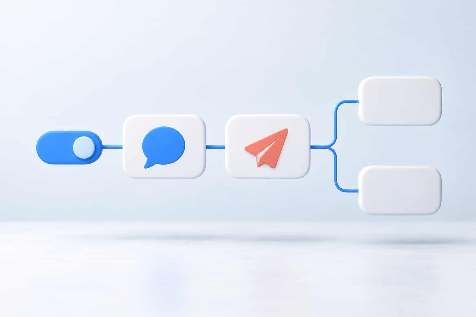 Scenario de chatbot en formes 3D : interrupteur bleu, bulle de message, avion en papier corail et deux issues possibles