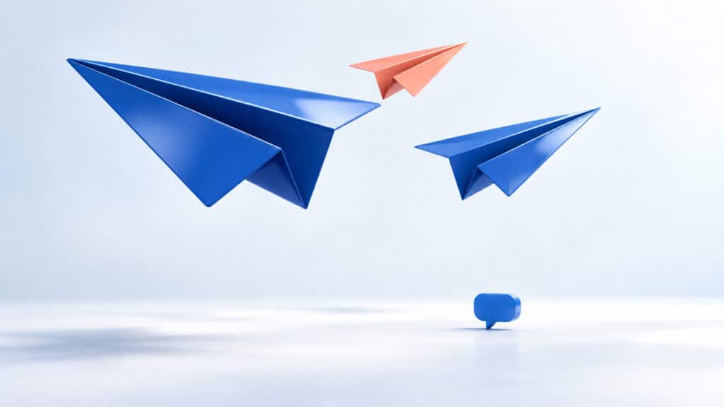 Trois avions en papier bleus et un corail en formation au-dessus d'une bulle de conversation bleue, illustration 3D