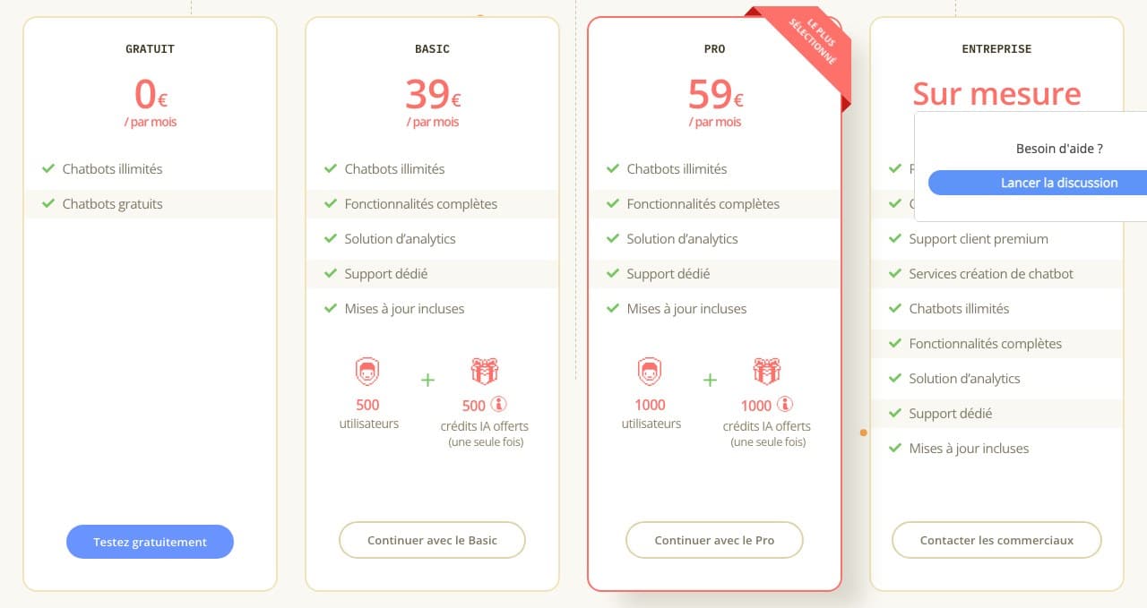 Capture de la grille tarifaire Botnation AI en euros, relevée le 17 septembre 2026