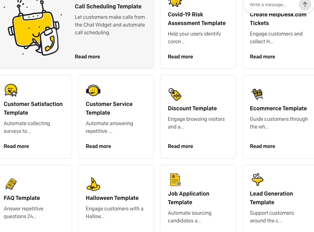 Capture de la galerie de templates du site ChatBot.com avec ses cartes de modèles, relevée le 17 septembre 2026