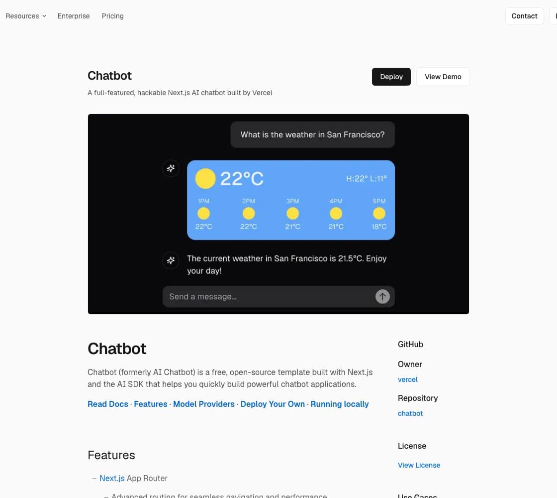 Capture de la page du template open source de chatbot Next.js sur Vercel, relevée le 17 septembre 2026