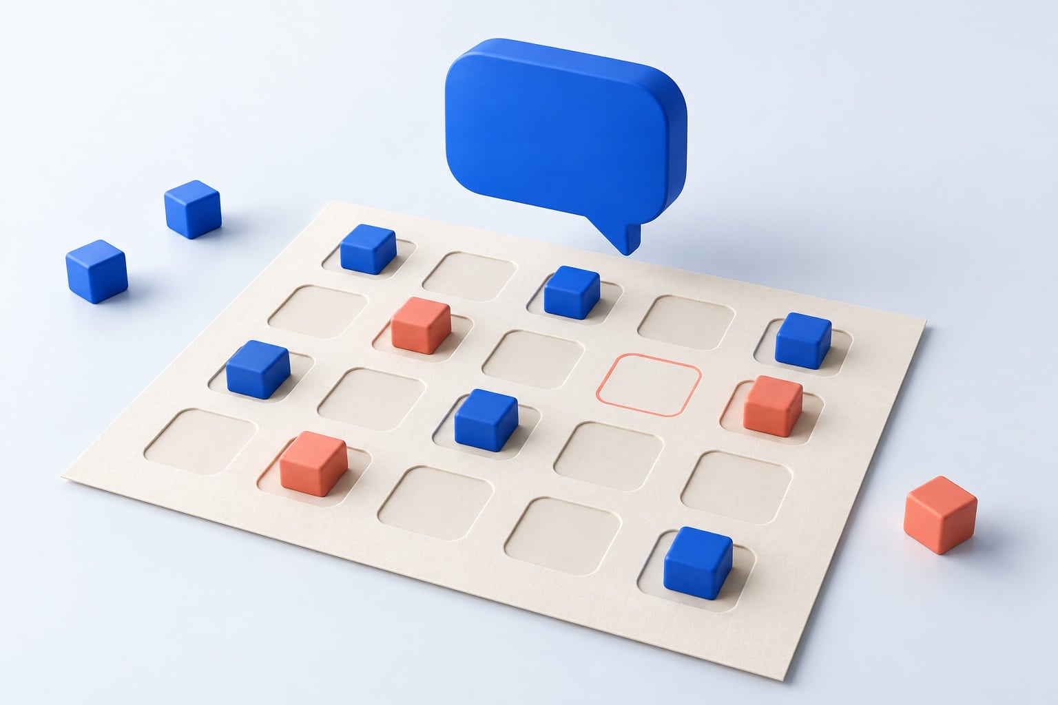 Illustration 3D d’un gabarit de chatbot avec grille de blocs à compléter et bulle de dialogue bleue