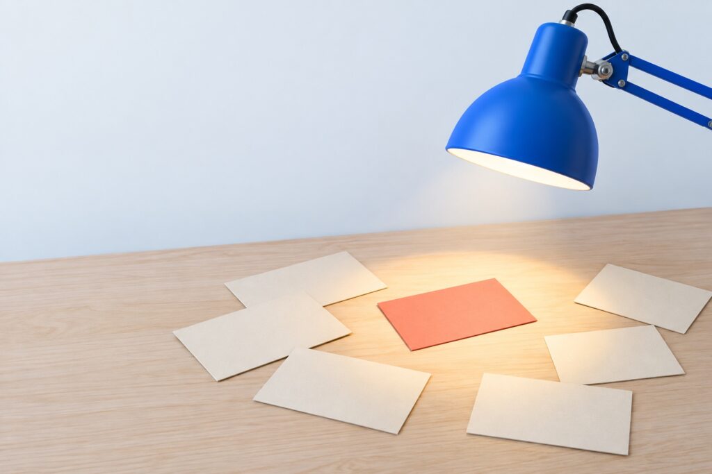 Lampe d'architecte bleue dont le faisceau isole une fiche corail parmi des fiches crème posées sur un bureau clair : le cadrage qu'apporte un consultant chatbot IA