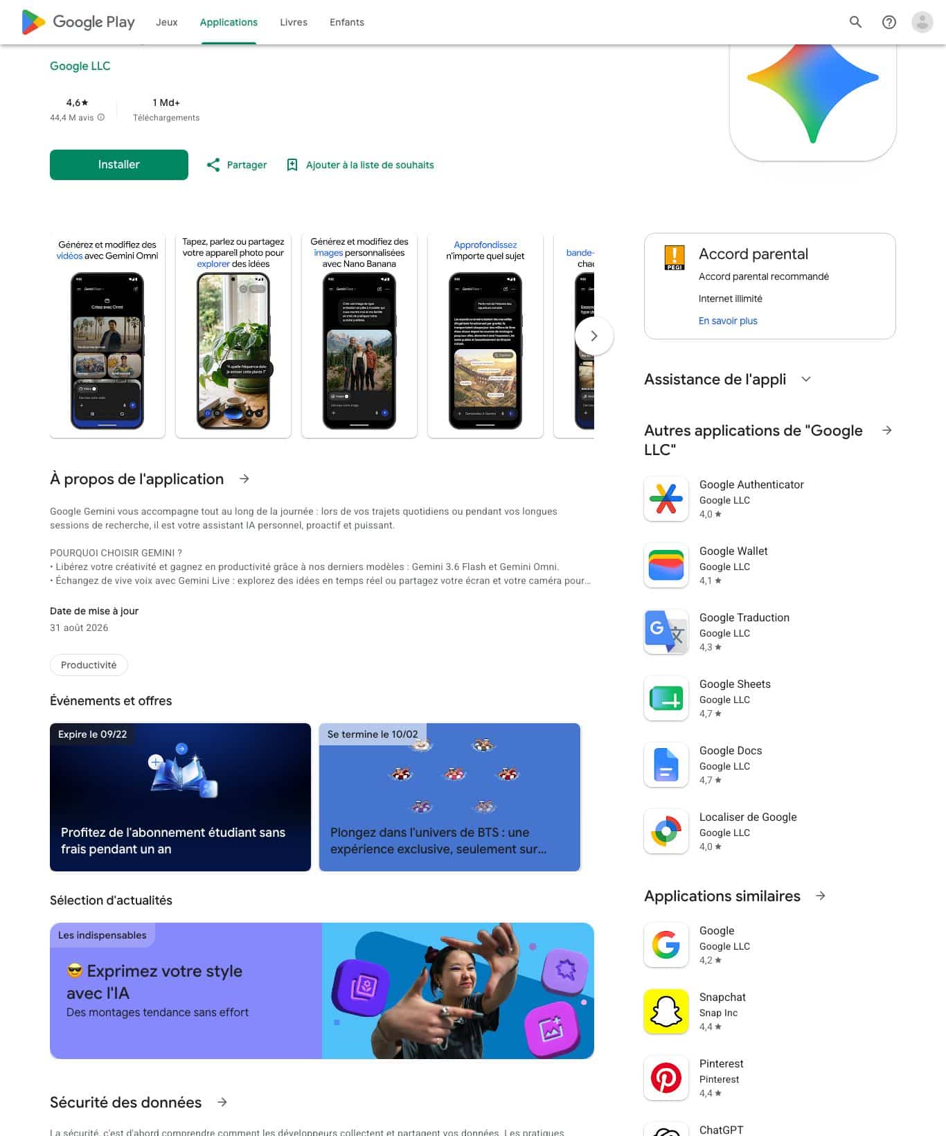 Fiche Google Play de l'application Google Gemini en français le 9 septembre 2026 : note 4,6, 44,4 millions d'avis, plus d'un milliard de téléchargements