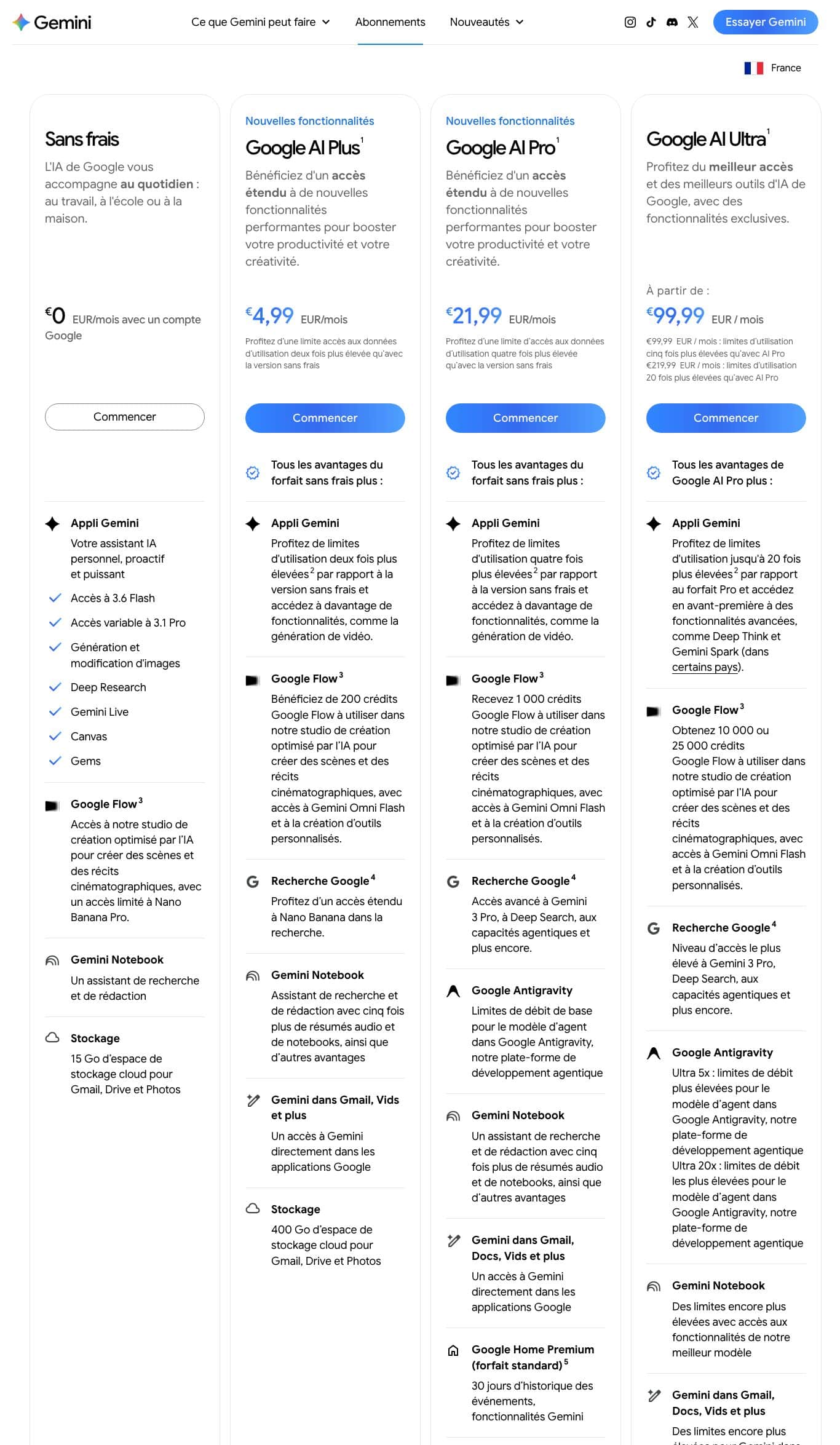 Page officielle des abonnements Gemini en France le 9 septembre 2026 : sans frais, AI Plus à 4,99 euros, AI Pro à 21,99 euros, AI Ultra dès 99,99 euros par mois
