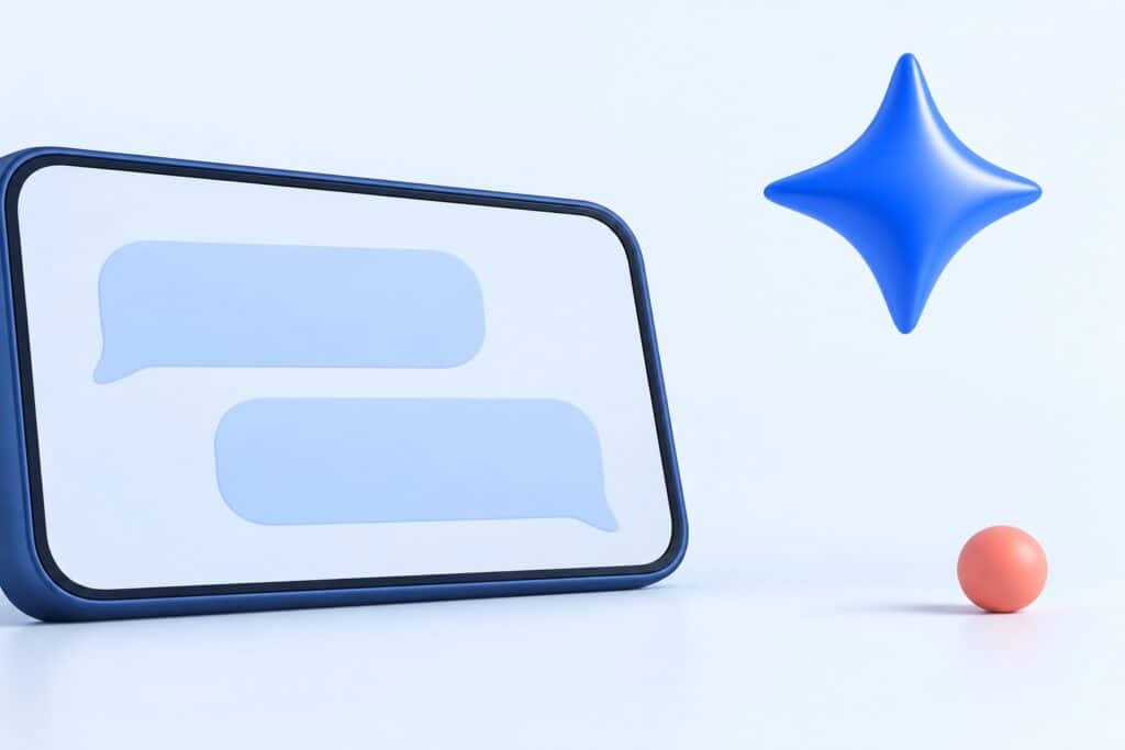 Smartphone incliné avec bulles de dialogue vides et grande étoile à quatre branches bleu cobalt coupée par le bord, illustration 3D éditoriale pour le chatbot Gemini de Google